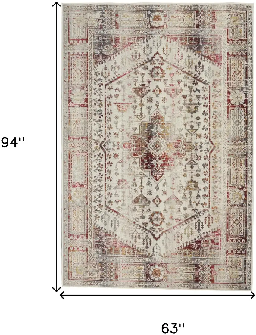 Ivory Red And Orange Floral Distressed Area Rug Photo 3
