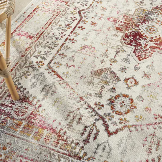 Ivory Red And Orange Floral Distressed Area Rug Photo 9