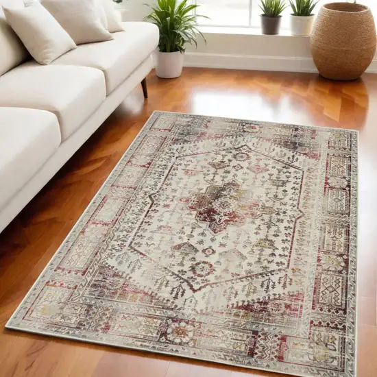 Ivory Red And Orange Floral Distressed Area Rug Photo 1