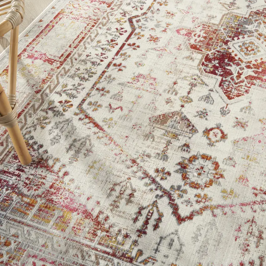 Ivory Red And Orange Floral Distressed Area Rug Photo 8