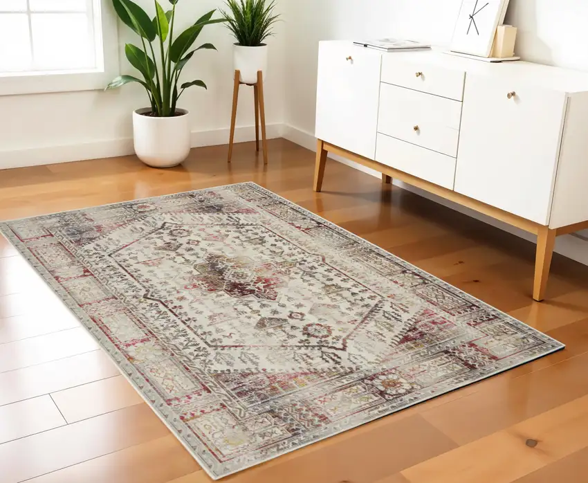 Ivory Red And Orange Floral Distressed Area Rug Photo 1