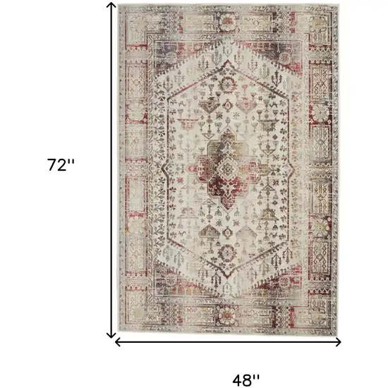 Ivory Red And Orange Floral Distressed Area Rug Photo 3