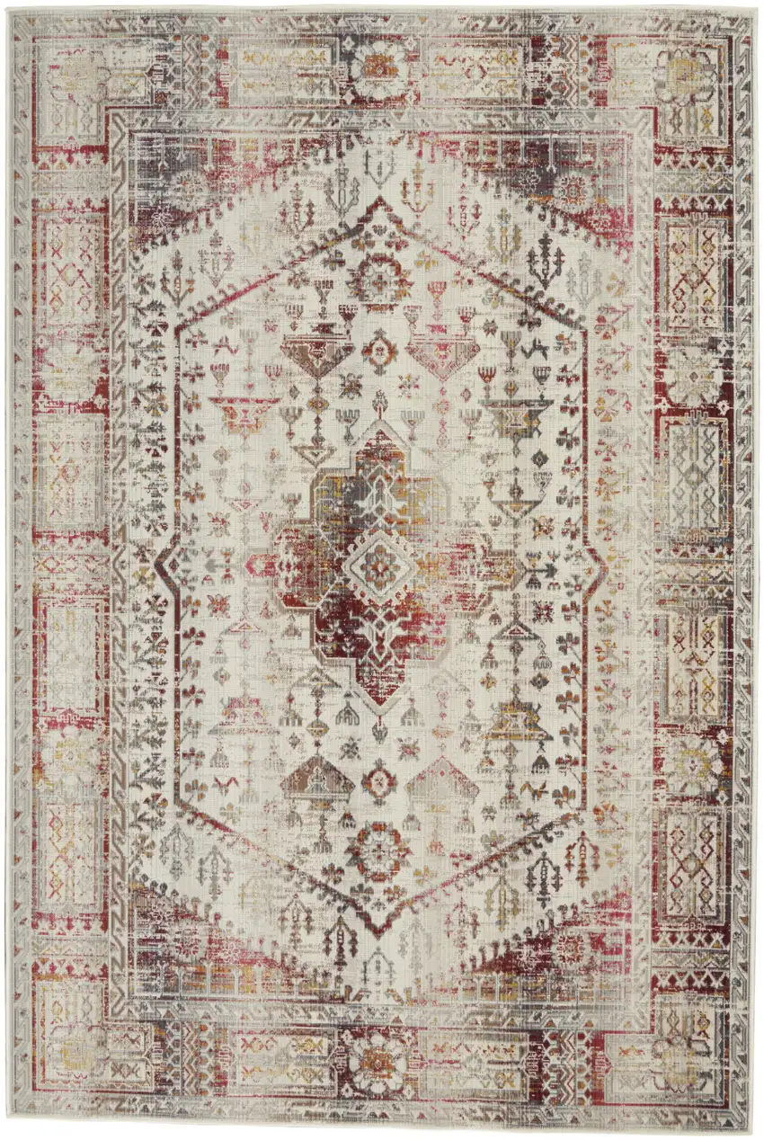 Ivory Red And Orange Floral Distressed Area Rug Photo 2