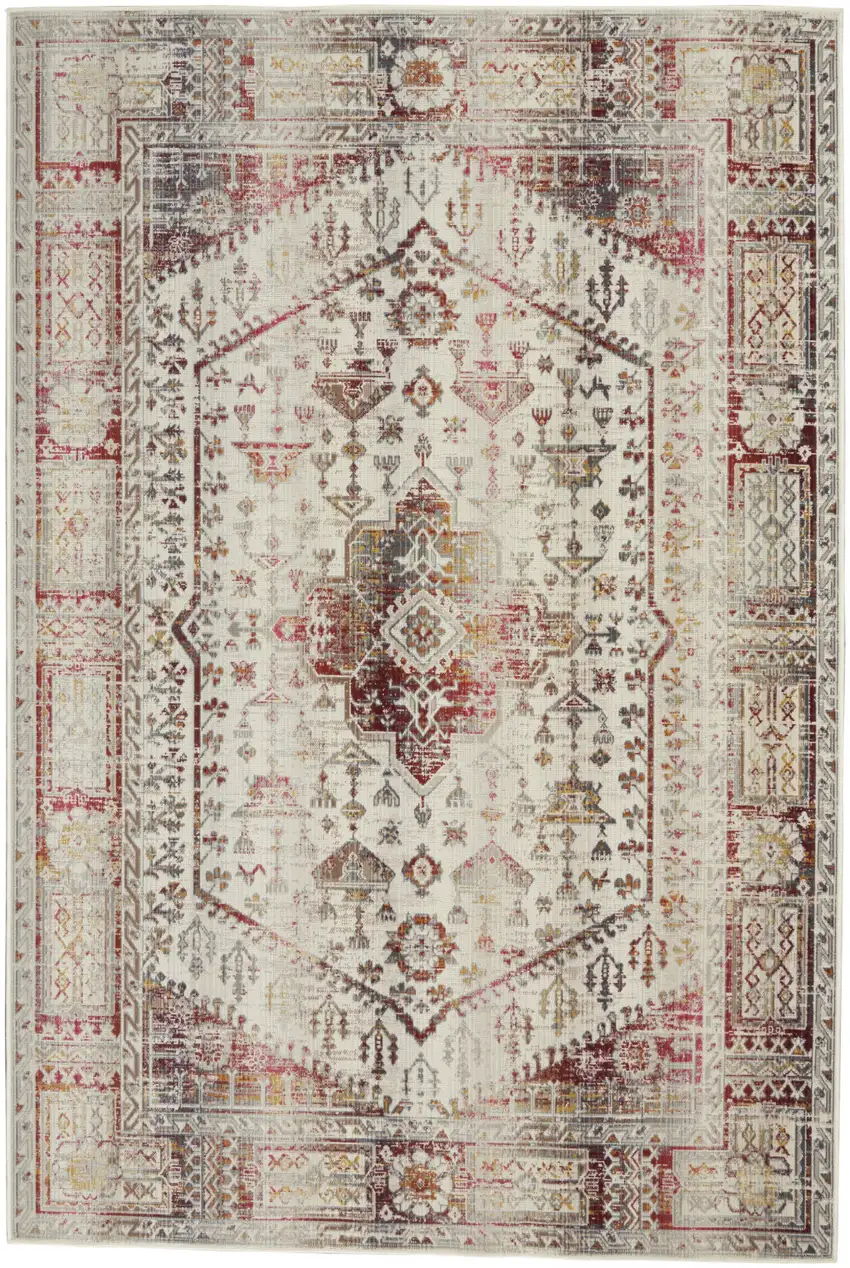 Ivory Red And Orange Floral Distressed Area Rug Photo 1