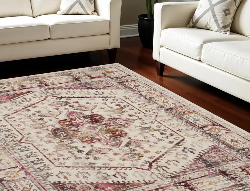 Ivory Red And Orange Floral Distressed Non Skid Area Rug Photo 1