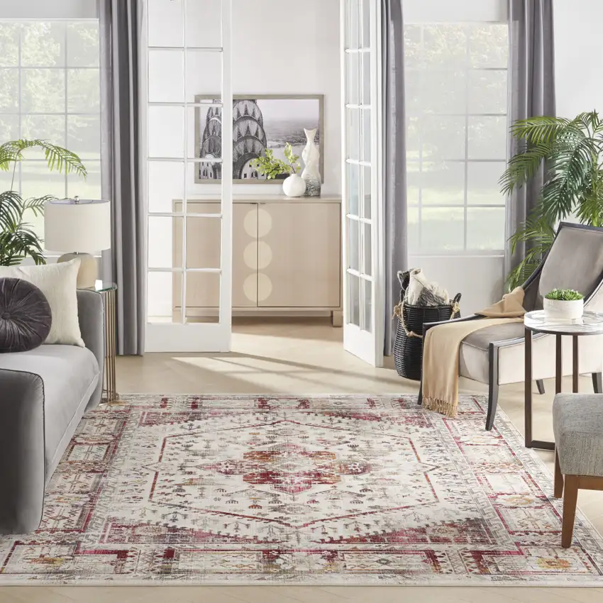 Ivory Red And Orange Floral Distressed Non Skid Area Rug Photo 7