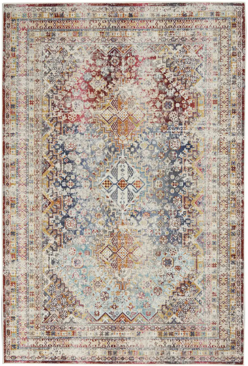 Ivory Red And Orange Geometric Distressed Area Rug Photo 1