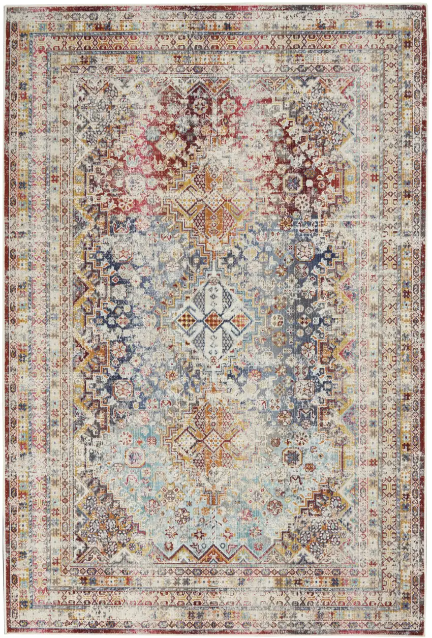 Ivory Red And Orange Geometric Distressed Area Rug Photo 2