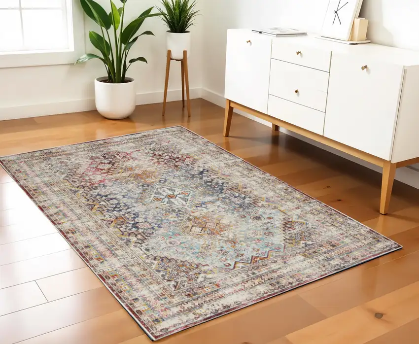 Ivory Red And Orange Geometric Distressed Area Rug Photo 1