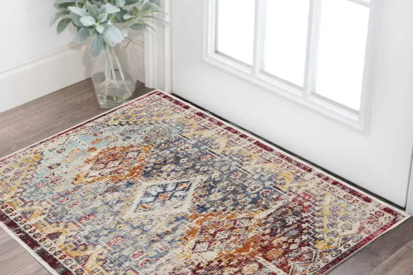 Ivory Red And Orange Geometric Distressed Area Rug Photo 1