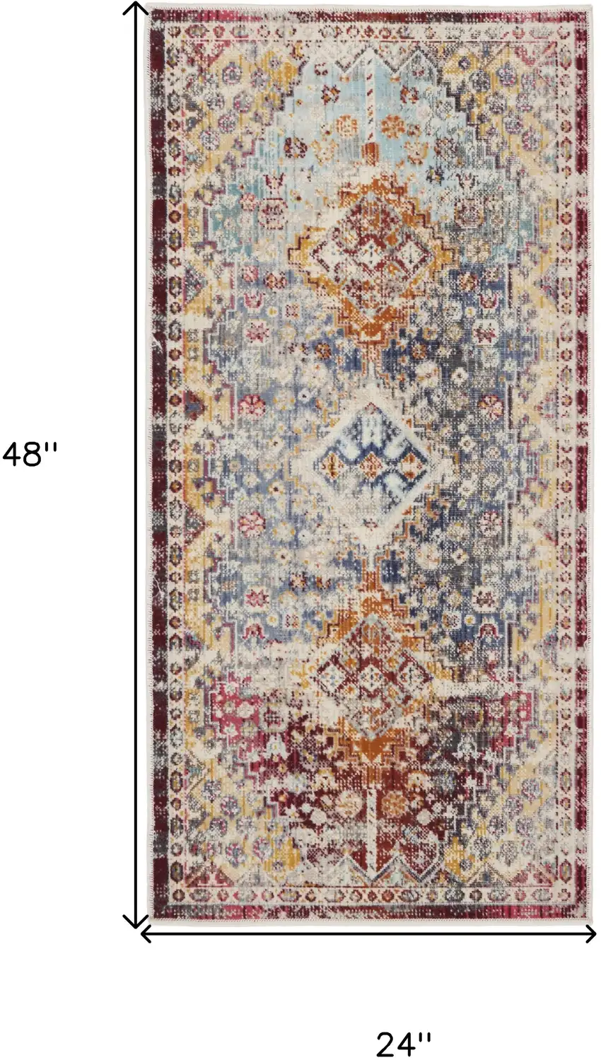 Ivory Red And Orange Geometric Distressed Area Rug Photo 3