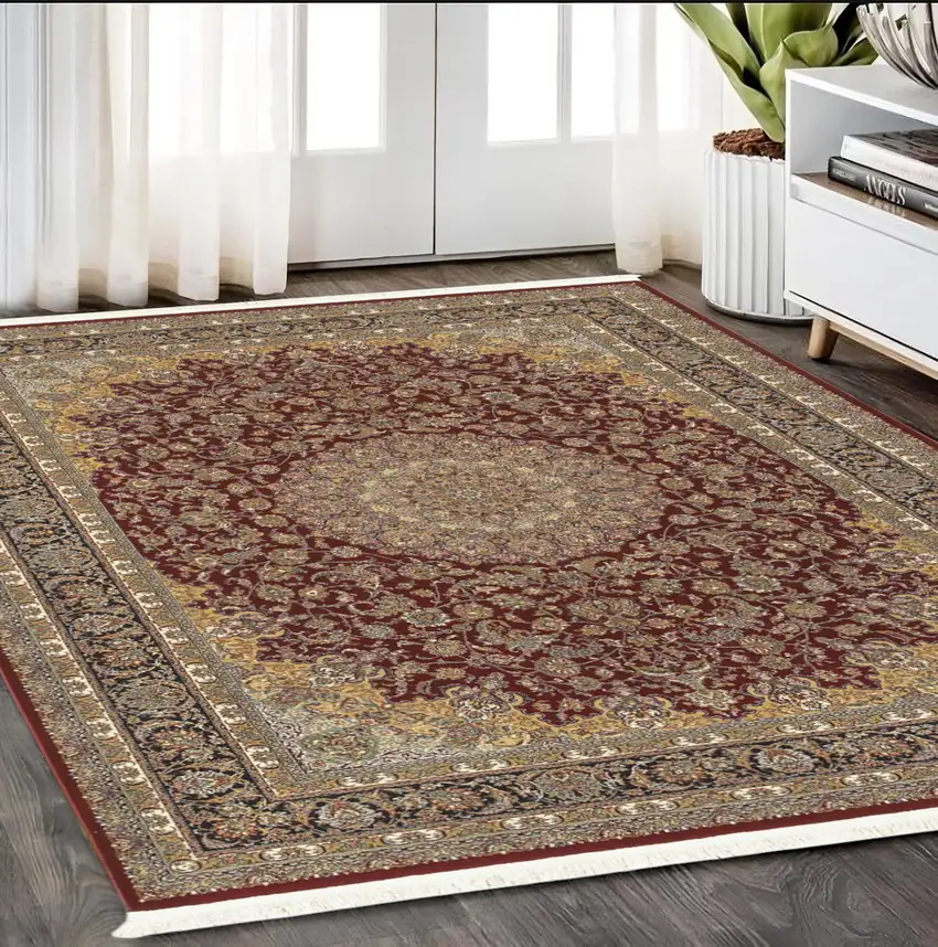 Ivory Red And Orange Medallion Area Rug With Fringe Photo 1