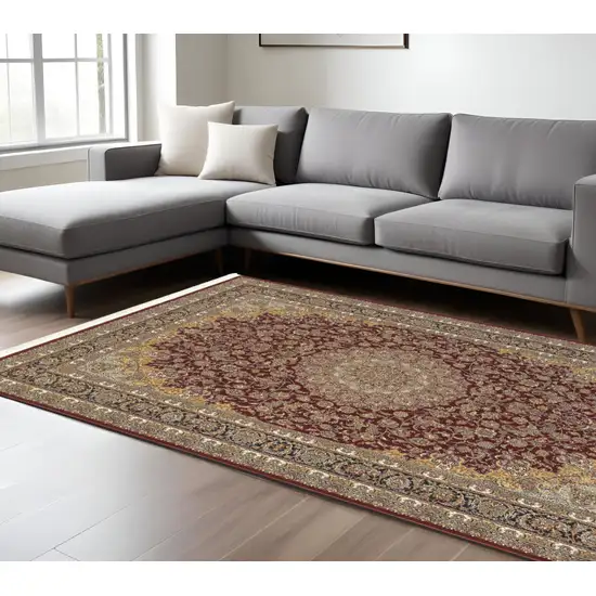 Ivory Red And Orange Medallion Area Rug With Fringe Photo 1