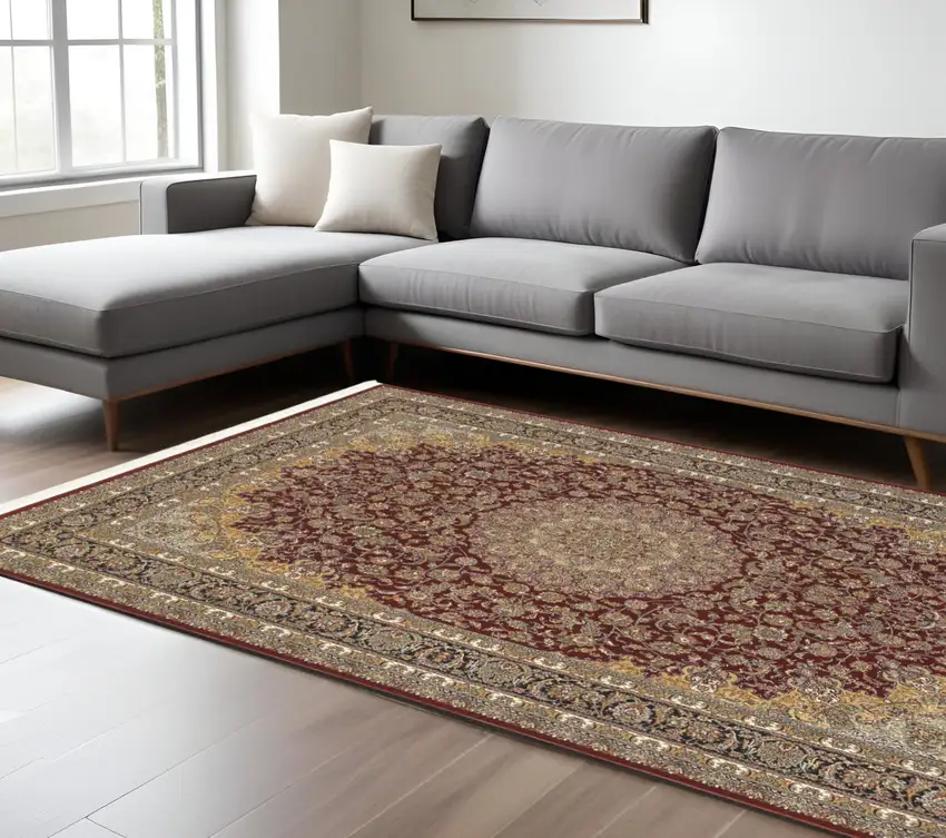 Ivory Red And Orange Medallion Area Rug With Fringe Photo 1