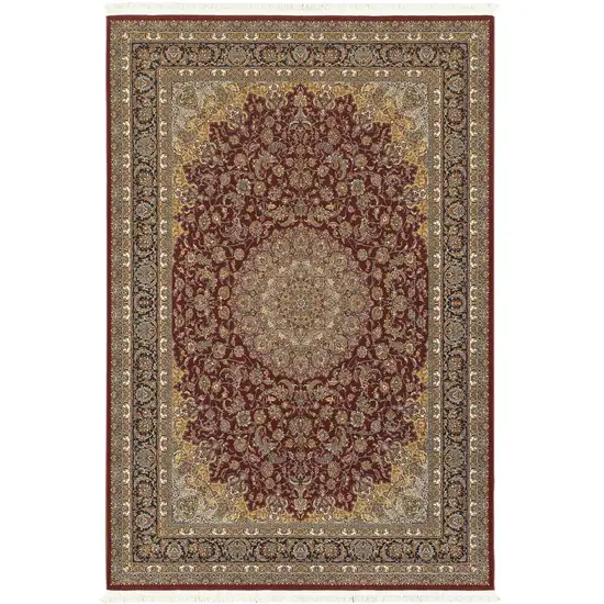Ivory Red And Orange Medallion Area Rug With Fringe Photo 2