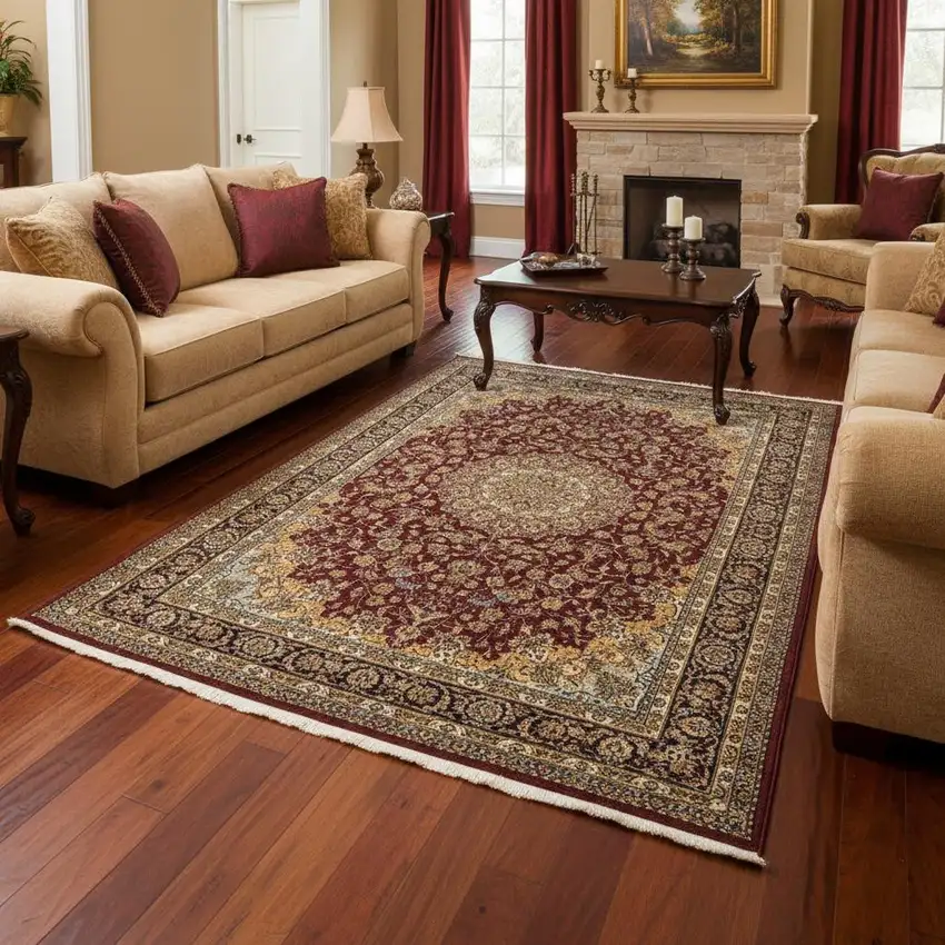 Ivory Red And Orange Medallion Area Rug With Fringe Photo 1