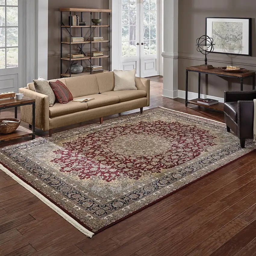 Ivory Red And Orange Medallion Area Rug With Fringe Photo 8