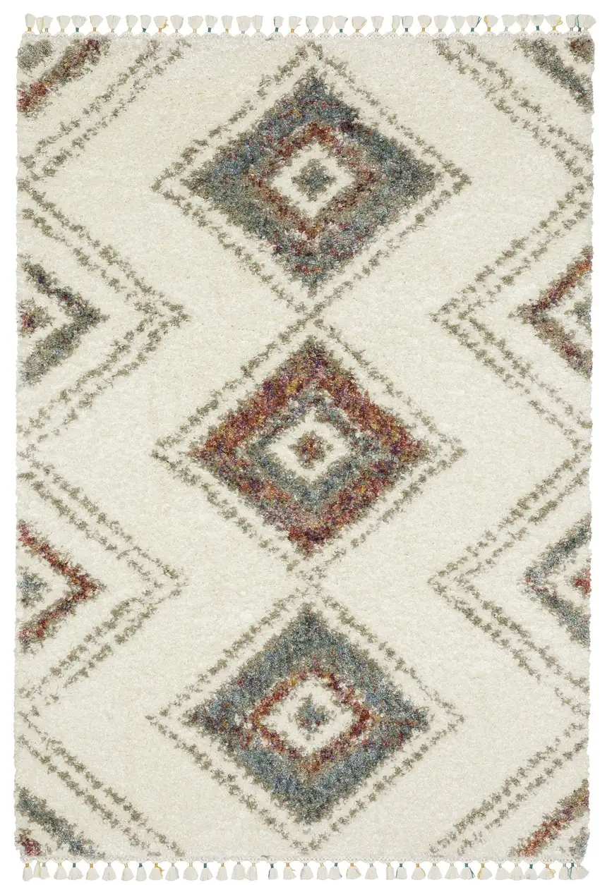 Ivory Red And Orange Southwestern Shag Area Rug With Fringe Photo 2