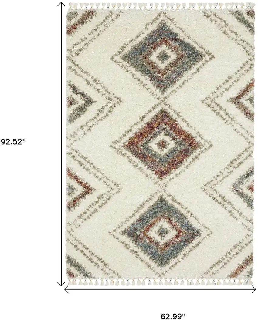 Ivory Red And Orange Southwestern Shag Area Rug With Fringe Photo 3