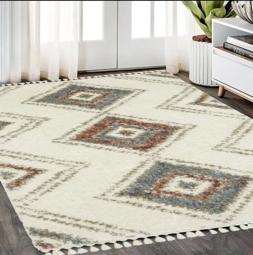 Ivory Red And Orange Southwestern Shag Area Rug With Fringe Photo 1