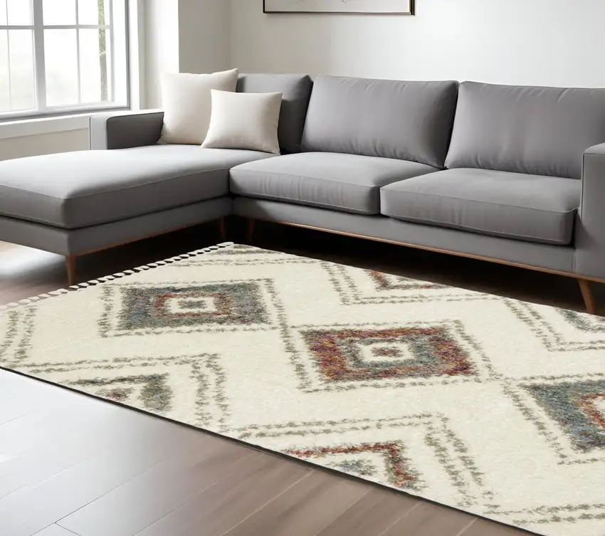 Ivory Red And Orange Southwestern Shag Area Rug With Fringe Photo 1