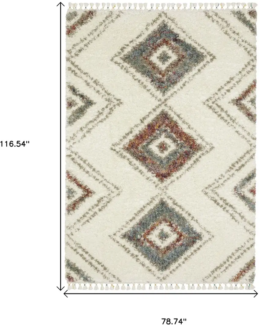 Ivory Red And Orange Southwestern Shag Area Rug With Fringe Photo 3