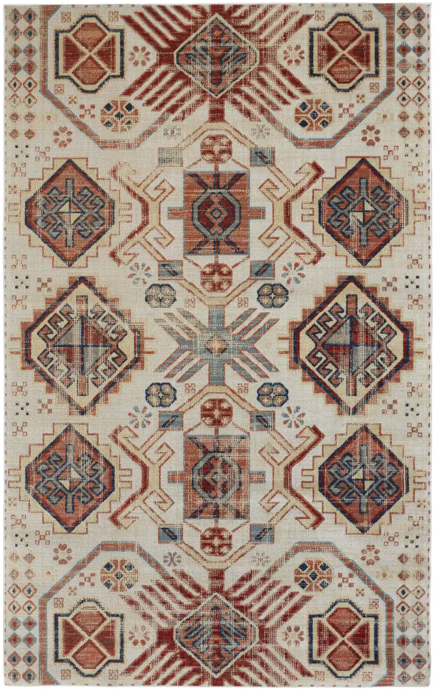 Ivory Red And Tan Abstract Power Loom Distressed Stain Resistant Area Rug Photo 1