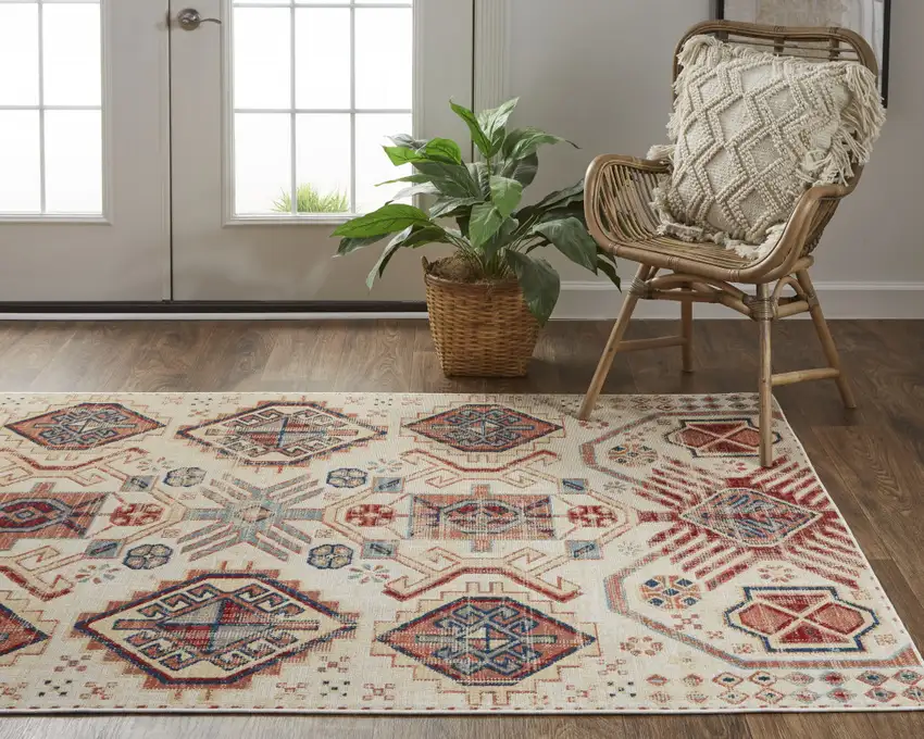 Ivory Red And Tan Abstract Power Loom Distressed Stain Resistant Area Rug Photo 9