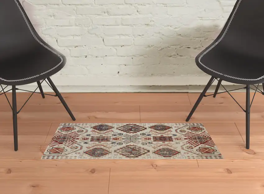 Ivory Red And Tan Abstract Power Loom Distressed Stain Resistant Area Rug Photo 2
