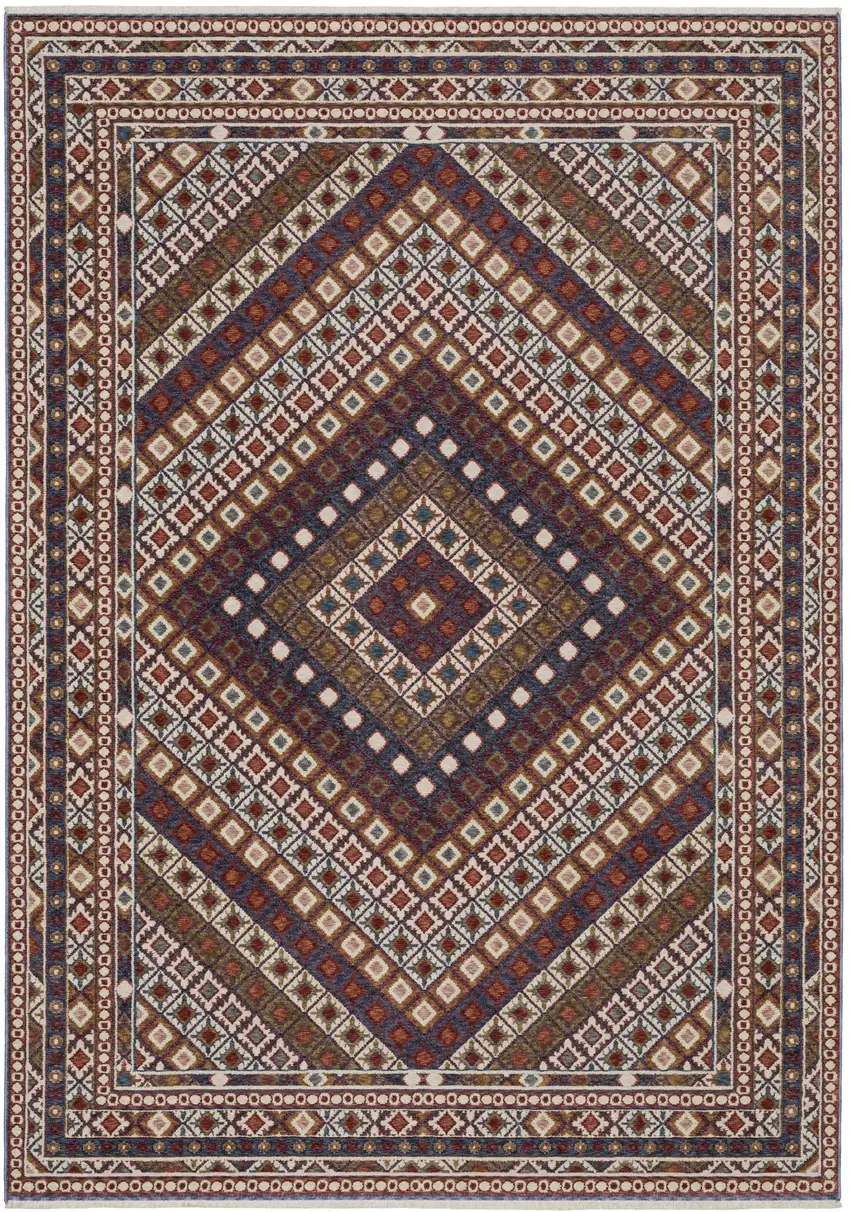 Ivory Red And Tan Diamond Area Rug With Fringe Photo 2