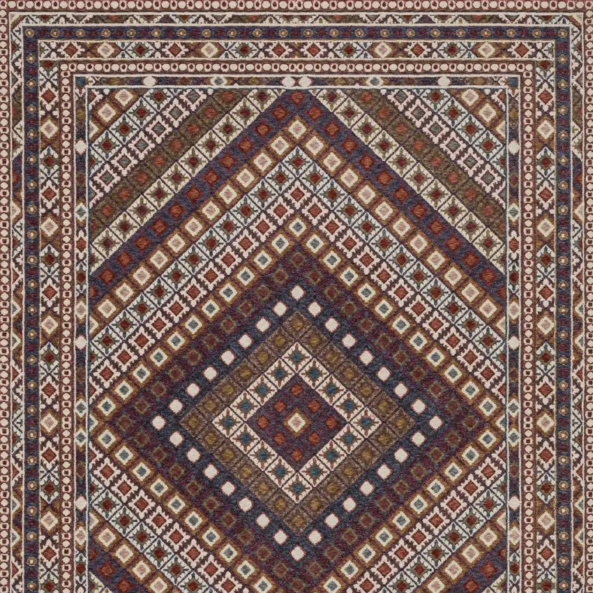 Ivory Red And Tan Diamond Area Rug With Fringe Photo 7