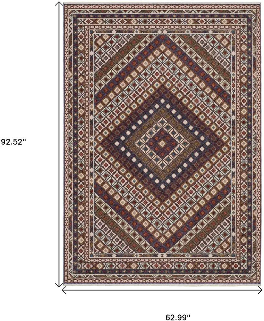 Ivory Red And Tan Diamond Area Rug With Fringe Photo 3