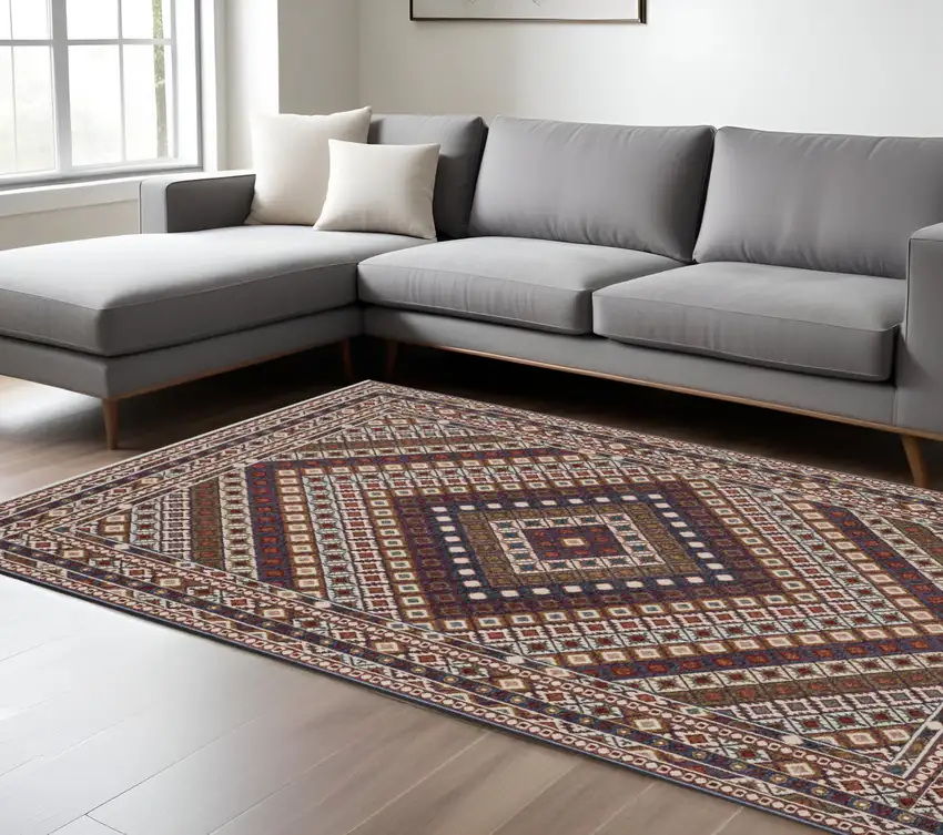 Ivory Red And Tan Diamond Area Rug With Fringe Photo 1