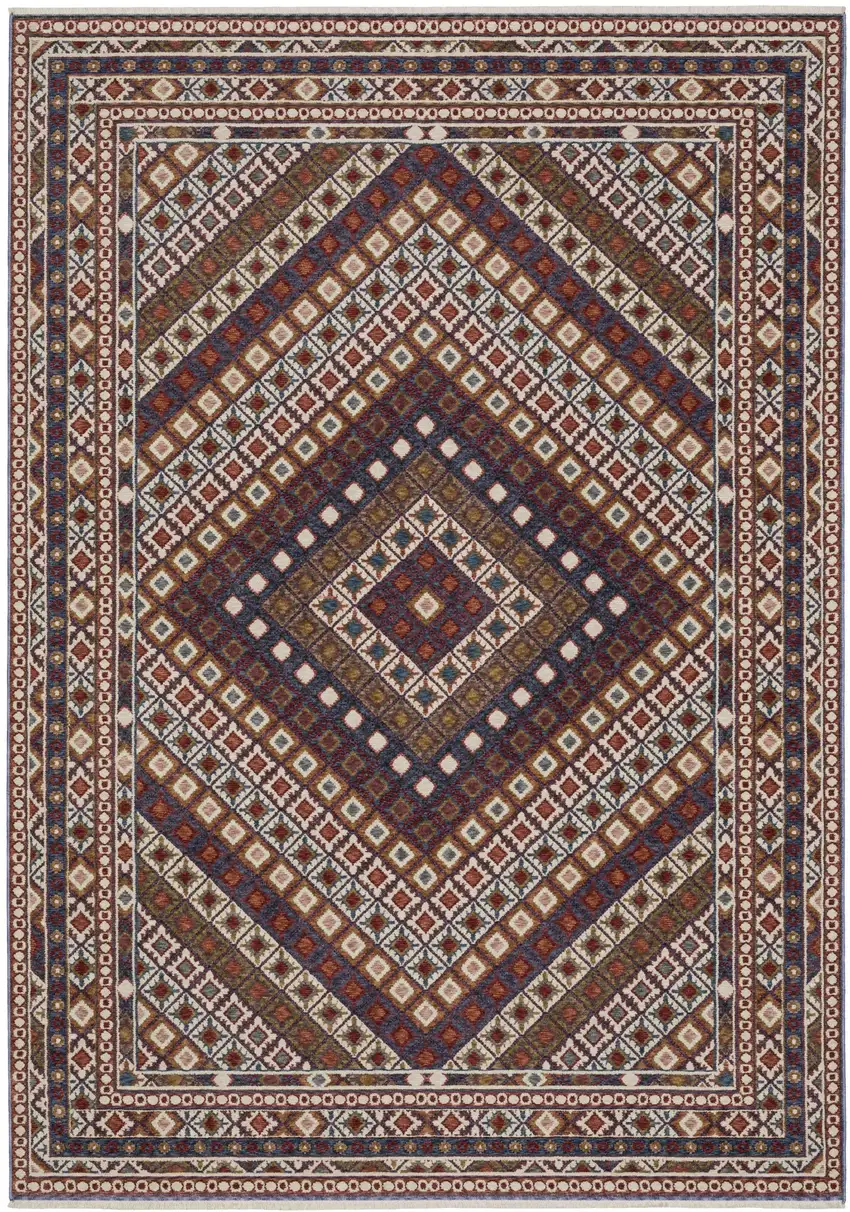 Ivory Red And Tan Diamond Area Rug With Fringe Photo 7