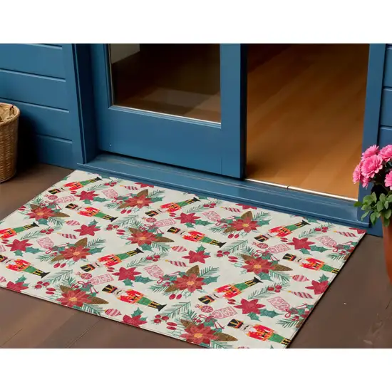 Ivory Red Black Pink And Brown Floral Washable Indoor Outdoor Area Rug Photo 2