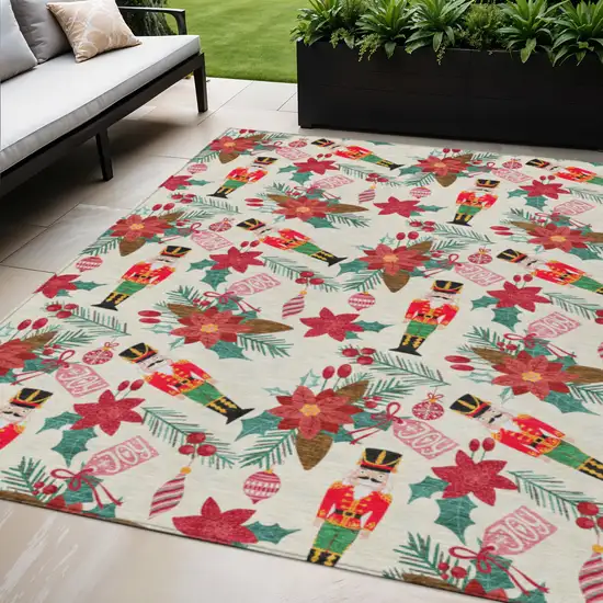 Ivory Red Black Pink And Brown Floral Washable Indoor Outdoor Area Rug Photo 2