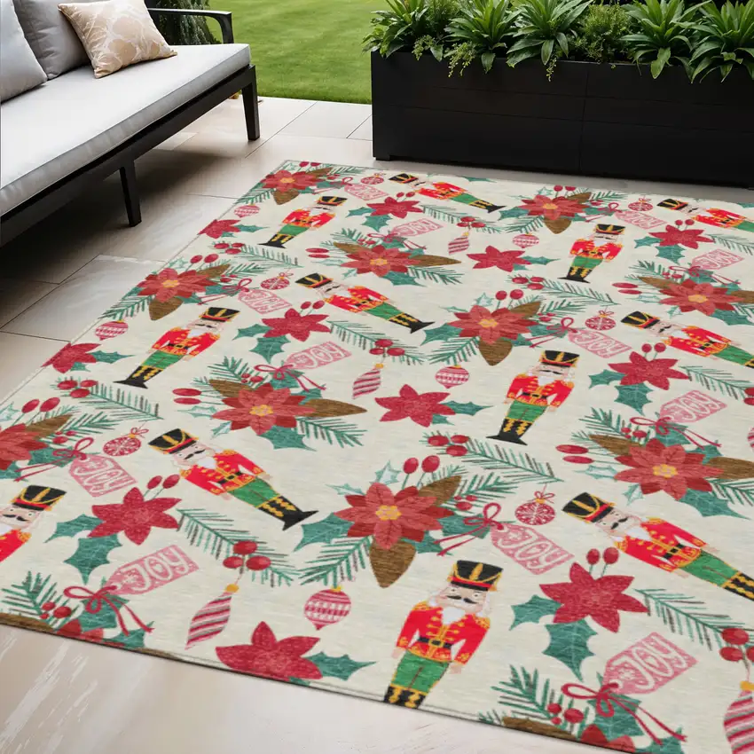 Ivory Red Black Pink And Brown Floral Washable Indoor Outdoor Area Rug Photo 2