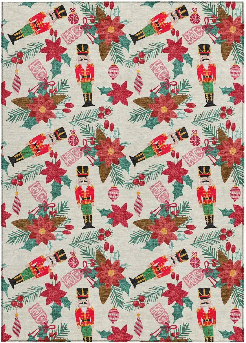 Ivory Red Black Pink And Brown Floral Washable Indoor Outdoor Area Rug Photo 9