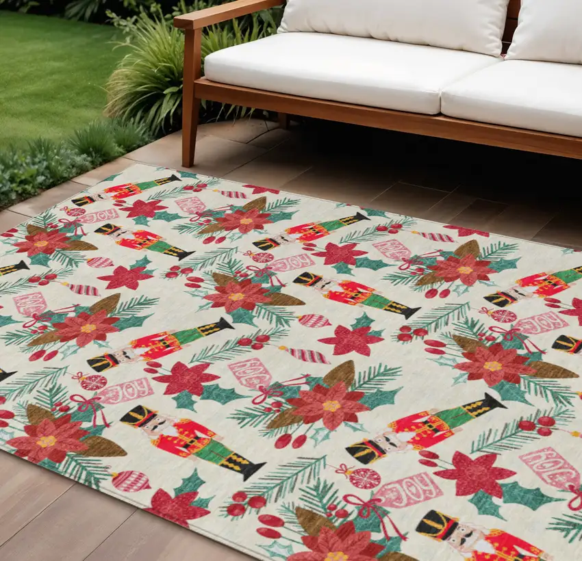 Ivory Red Black Pink And Brown Floral Washable Indoor Outdoor Area Rug Photo 1
