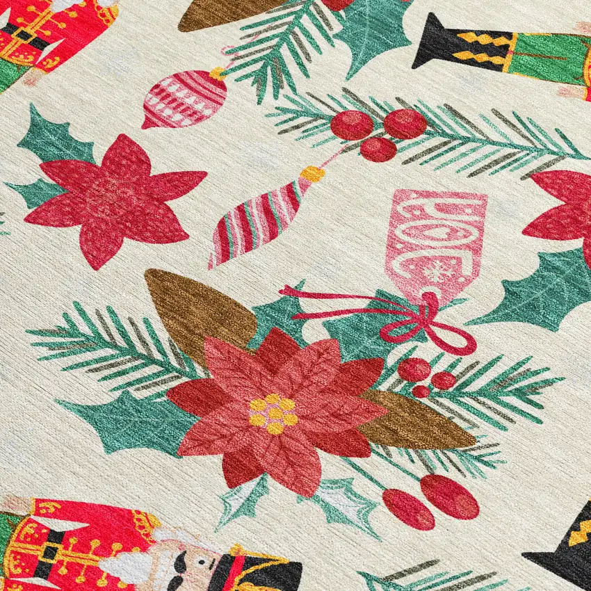 Ivory Red Black Pink And Brown Floral Washable Indoor Outdoor Area Rug Photo 3