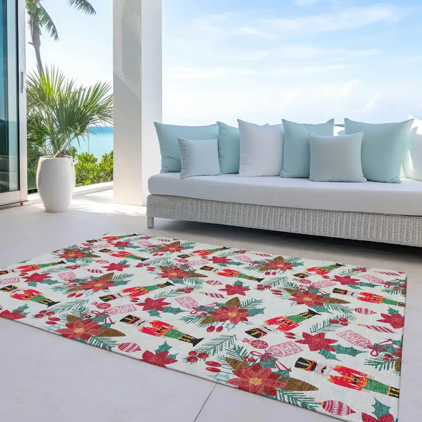 Ivory Red Black Pink And Brown Floral Washable Indoor Outdoor Area Rug Photo 3