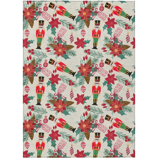 Ivory Red Black Pink And Brown Floral Washable Indoor Outdoor Area Rug Photo 7