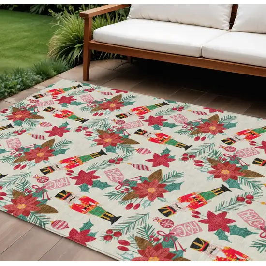Ivory Red Black Pink And Brown Floral Washable Indoor Outdoor Area Rug Photo 1