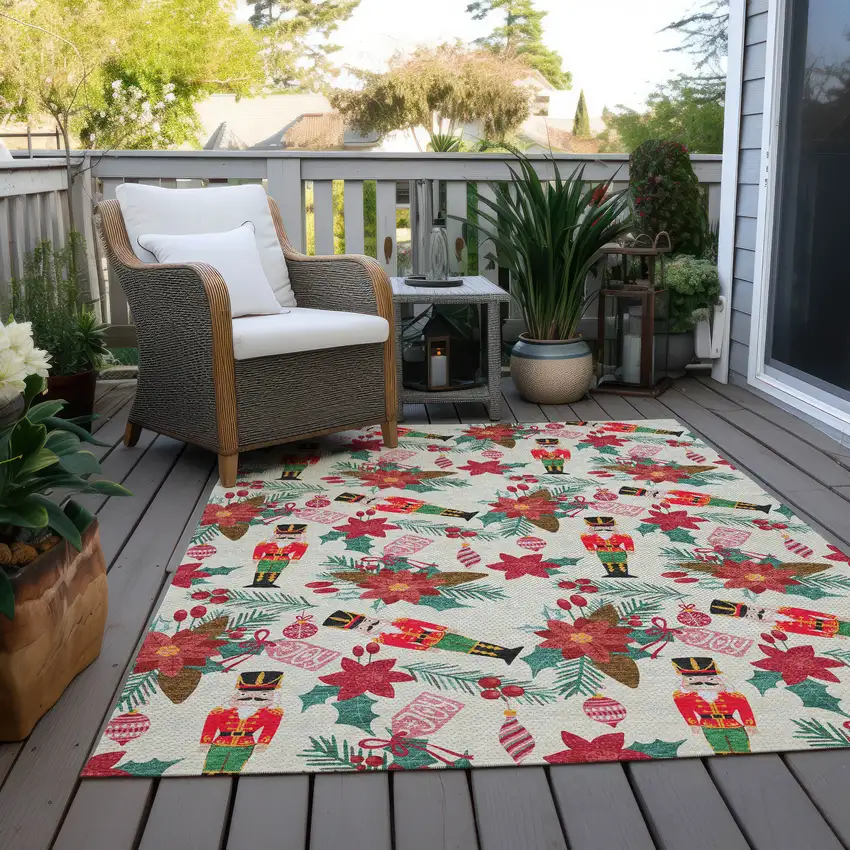 Ivory Red Black Pink And Brown Floral Washable Indoor Outdoor Area Rug Photo 7