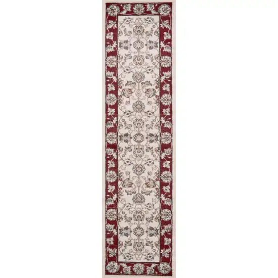 Ivory Red Bordered Floral Indoor Runner Rug Photo 1