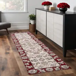 Photo of Ivory Red Bordered Floral Indoor Runner Rug