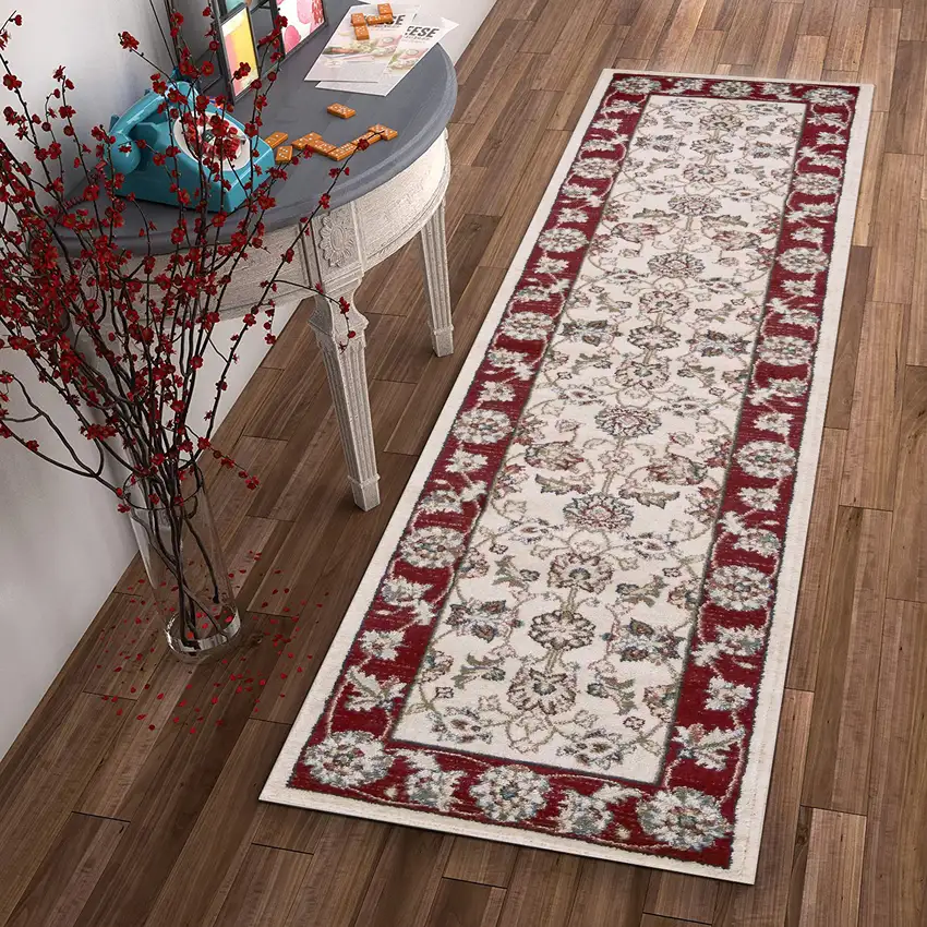 Ivory Red Bordered Floral Indoor Runner Rug Photo 4