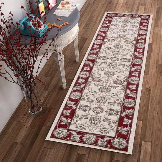 Ivory Red Bordered Floral Indoor Runner Rug Photo 4