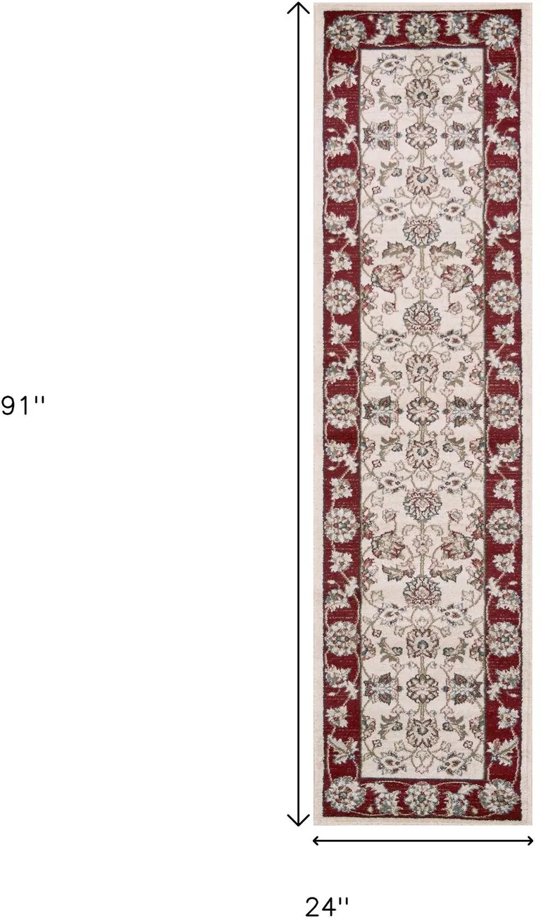 Ivory Red Bordered Floral Indoor Runner Rug Photo 3