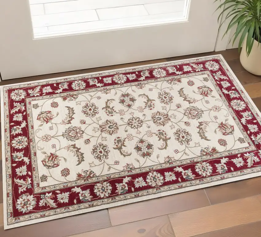Ivory And Red Floral Medallion Area Rug Photo 1